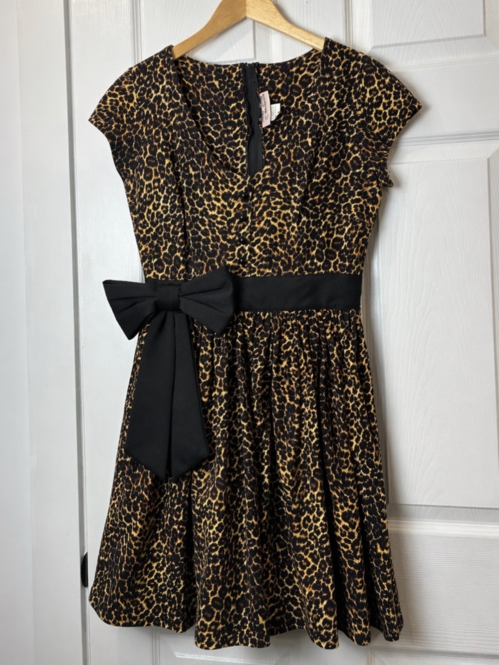 [m] Deadly Dames Leopard Print Fit Flare Dress Bow Waist USA Pinup